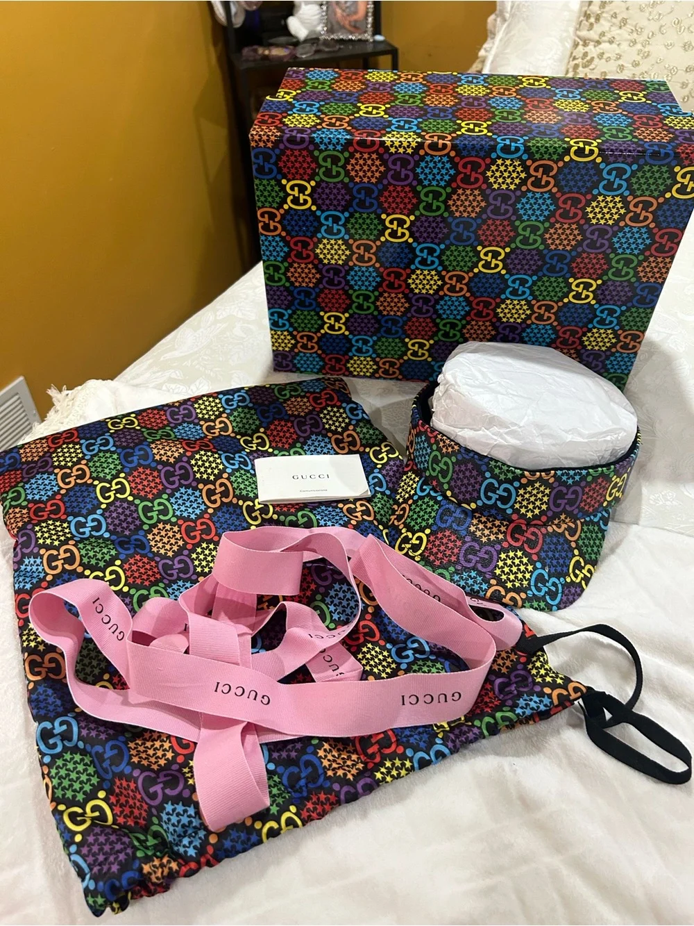 Gucci Unisex Multicolor GG Logo Visor Hat with Pink Ribbon